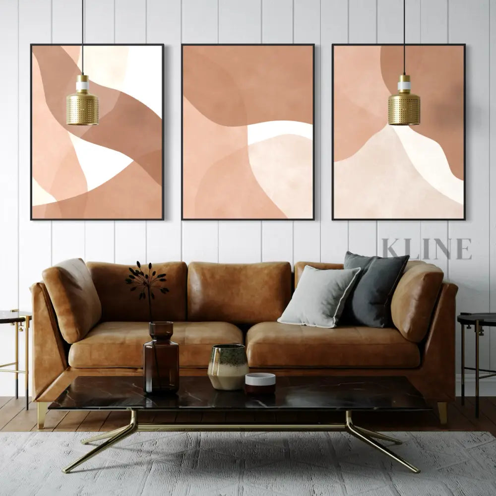 Boho Strokes Triptych - Hand Painting Cremefarbene Wandkunst