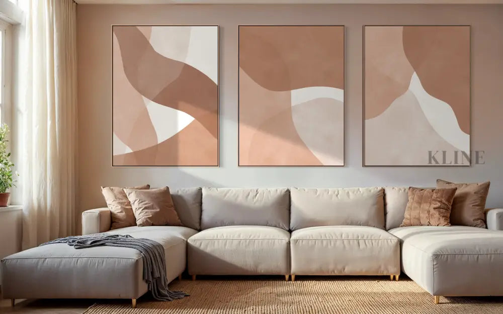 Boho Strokes Triptych - Hand Painting Cremefarbene Wandkunst