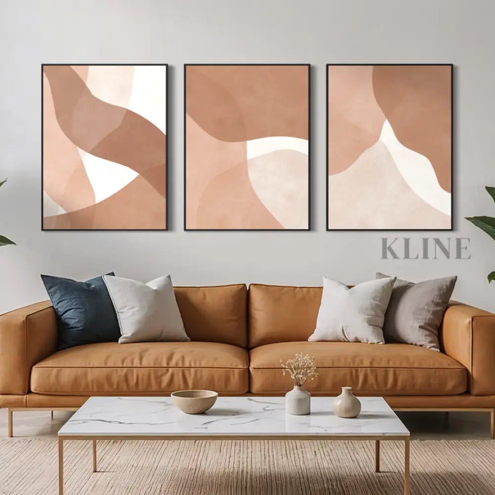 Boho Strokes Triptych - Hand Painting Cremefarbene Wandkunst