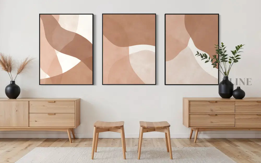 Boho Strokes Triptych - Hand Painting Cremefarbene Wandkunst
