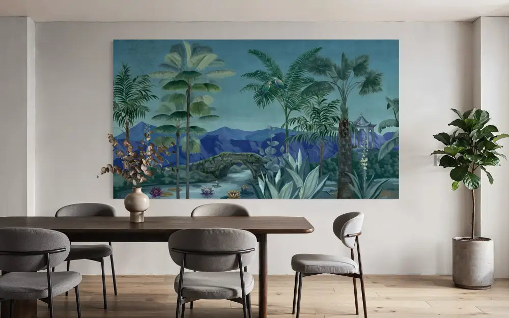 Botanical Escape - Hand Painting Art mural bleu
