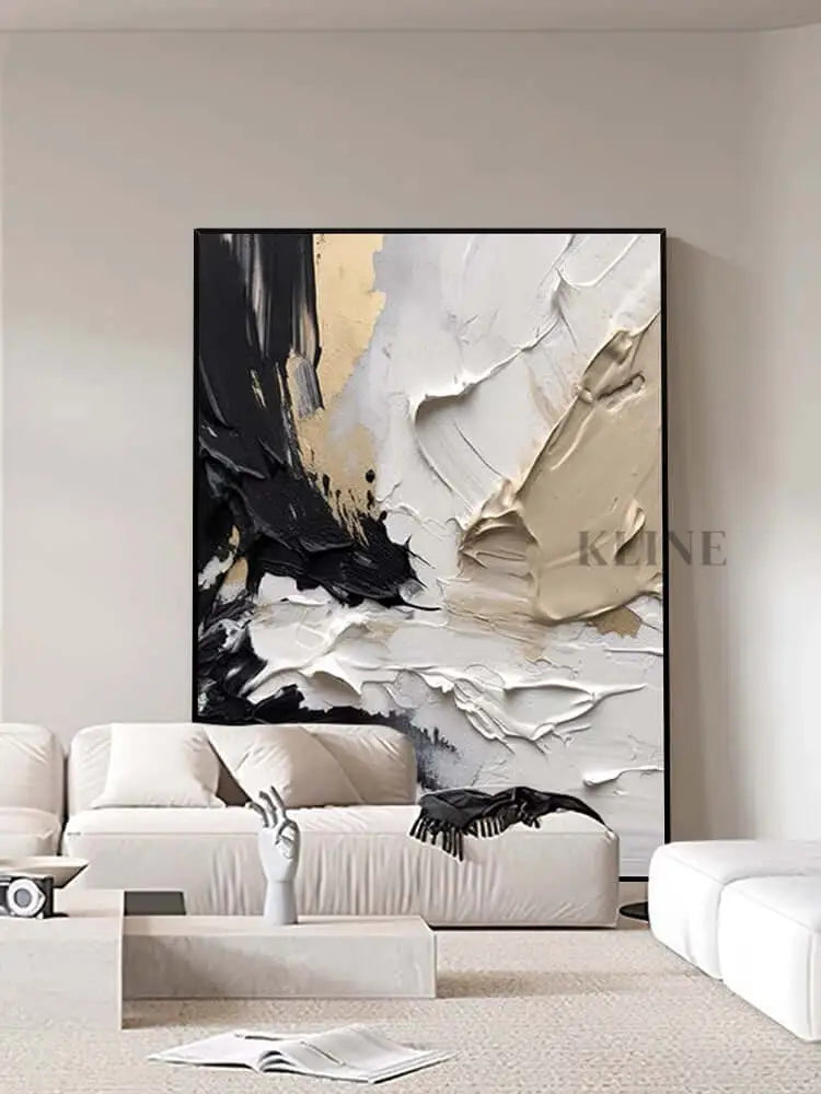 Caramel textured oil painting in modern living room decor by Kline Collective, showcasing warmth and elegance. 3D Textured Wall Art