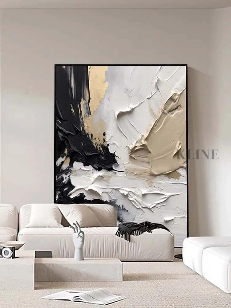 Caramel textured oil painting in modern living room decor by Kline Collective, showcasing warmth and elegance.
