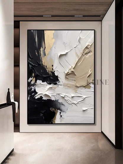Caramel textured oil painting in a modern hallway, showcasing warm colors and elegant strokes.