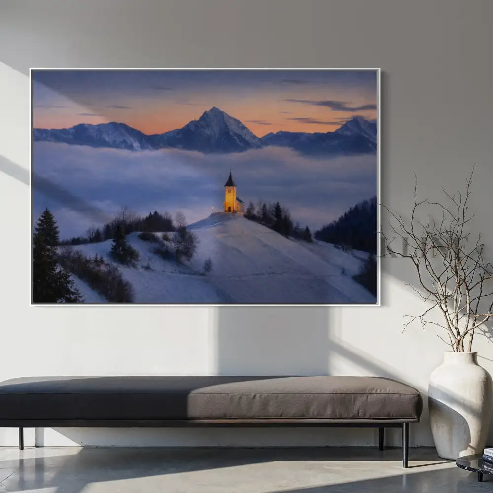 Chapel Above the Quiet Clouds - Hand Painting 冬のウォールアート