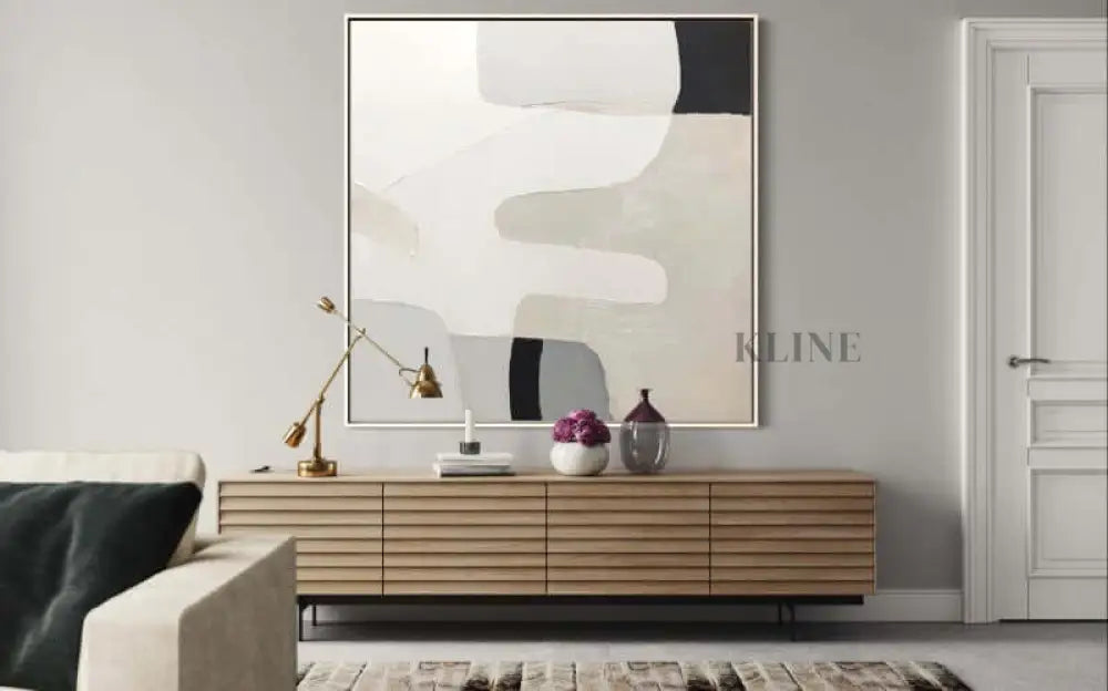 Hand-painted abstract wall art by Kline Collective® in modern living room setting, enhancing space with elegance. Arte de la pared del comedor