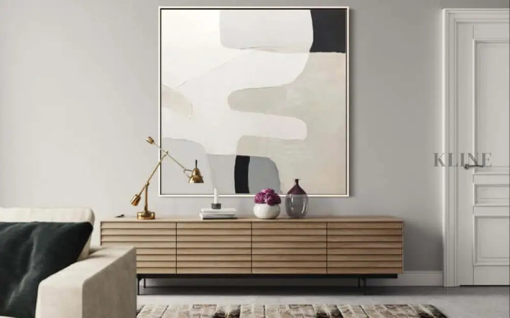 Hand-painted abstract wall art by Kline Collective® in modern living room setting, enhancing space with elegance. Arte de pared crema