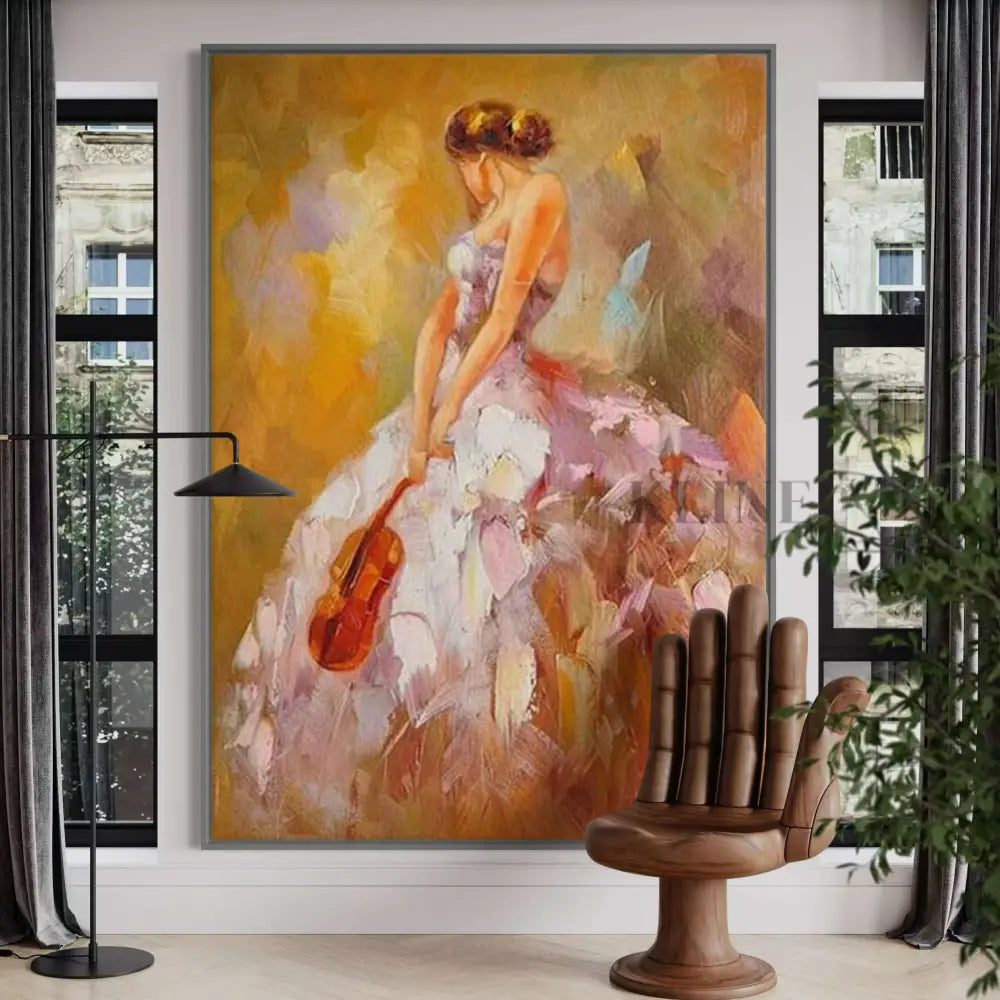 Abstract figurative art depicting a woman in a pink dress holding a violin, celebrating freedom and femininity. Arte de la pared del salón