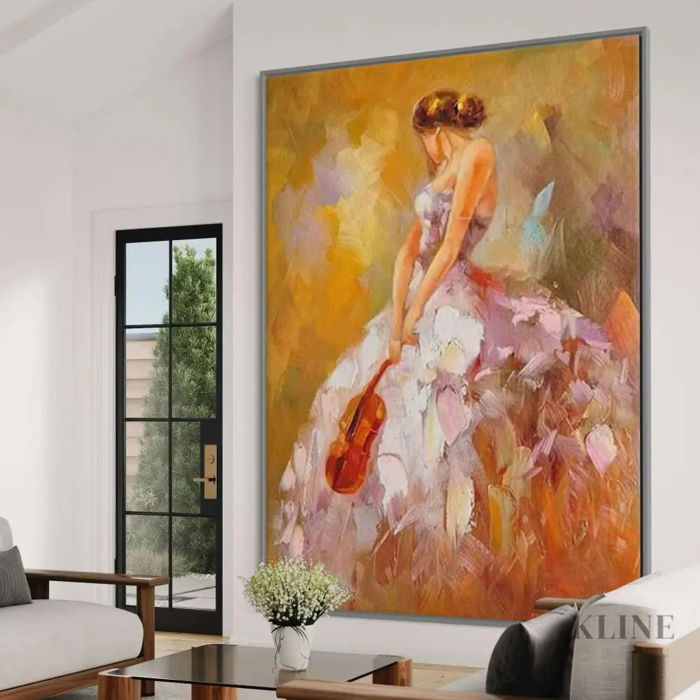 Colorful abstract art of a woman with a violin, symbolizing power and freedom in a vibrant setting. 