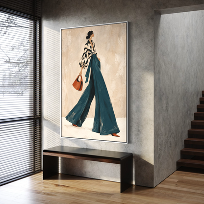 Noir-Chic Stride in Teal Palazzo Trousers - Hand Painting
