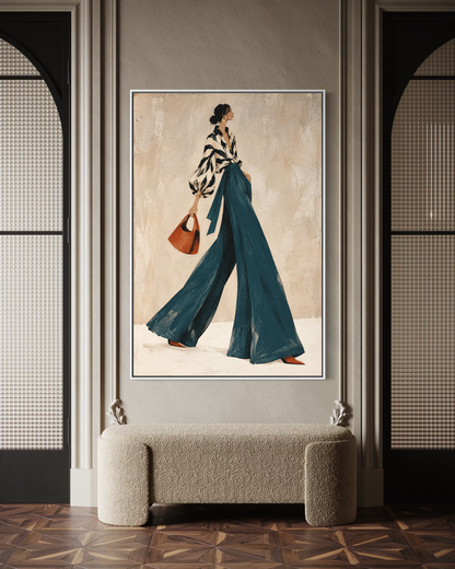 Noir-Chic Stride in Teal Palazzo Trousers - Hand Painting