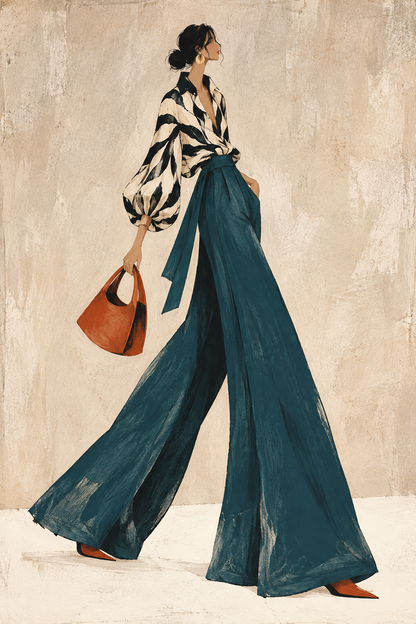 Noir-Chic Stride in Teal Palazzo Trousers - Hand Painting