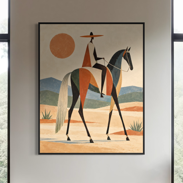 Geometric Desert Rider in Gouache - Hand Painting Vintage Collection