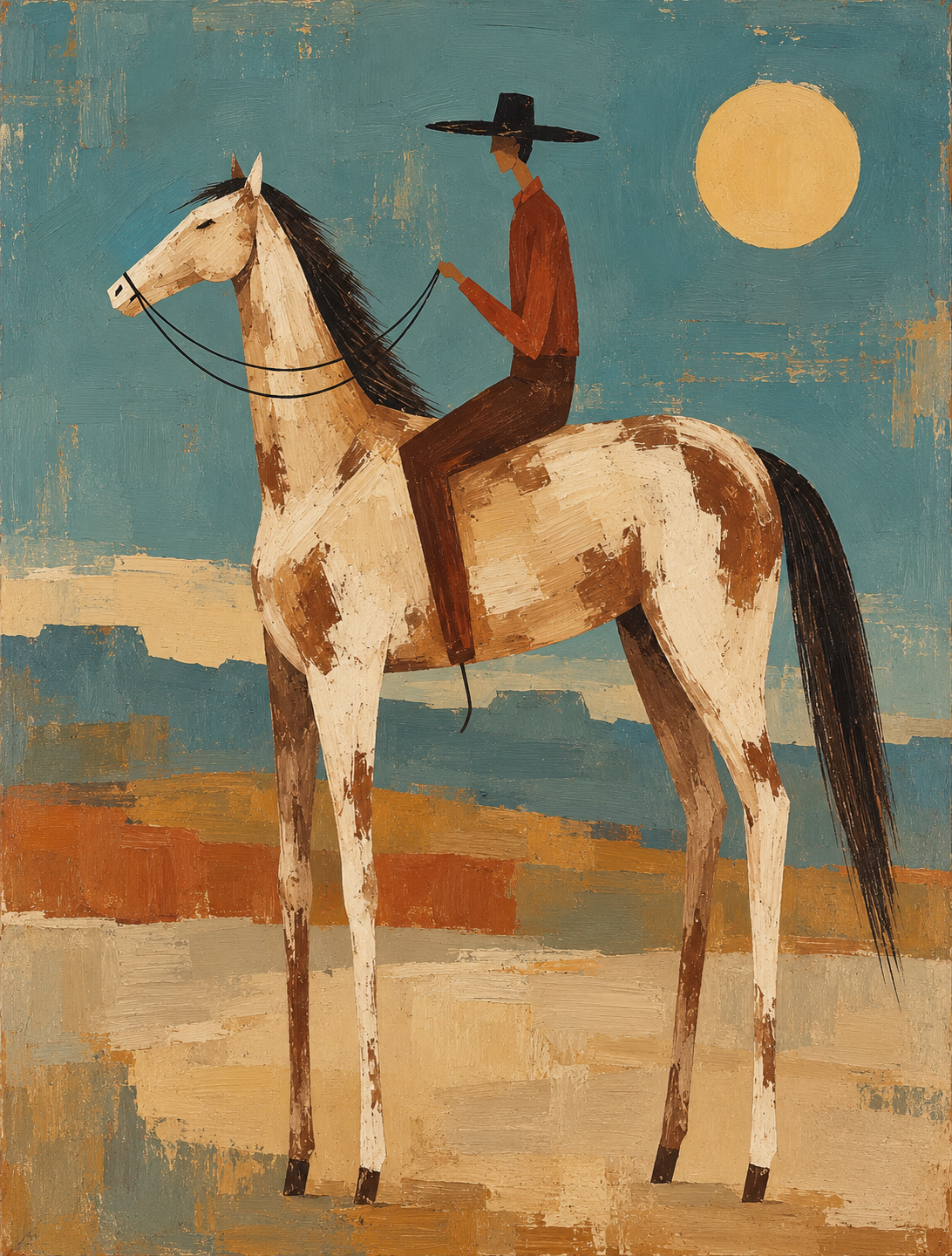 Lone Cowboy Beneath the Desert Sun - Hand Painting