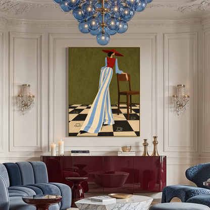 Elegant Figure in a Checkerboard Café - Hand Painting