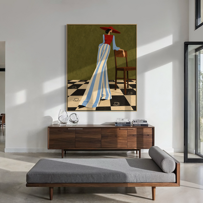 Elegant Figure in a Checkerboard Café - Hand Painting