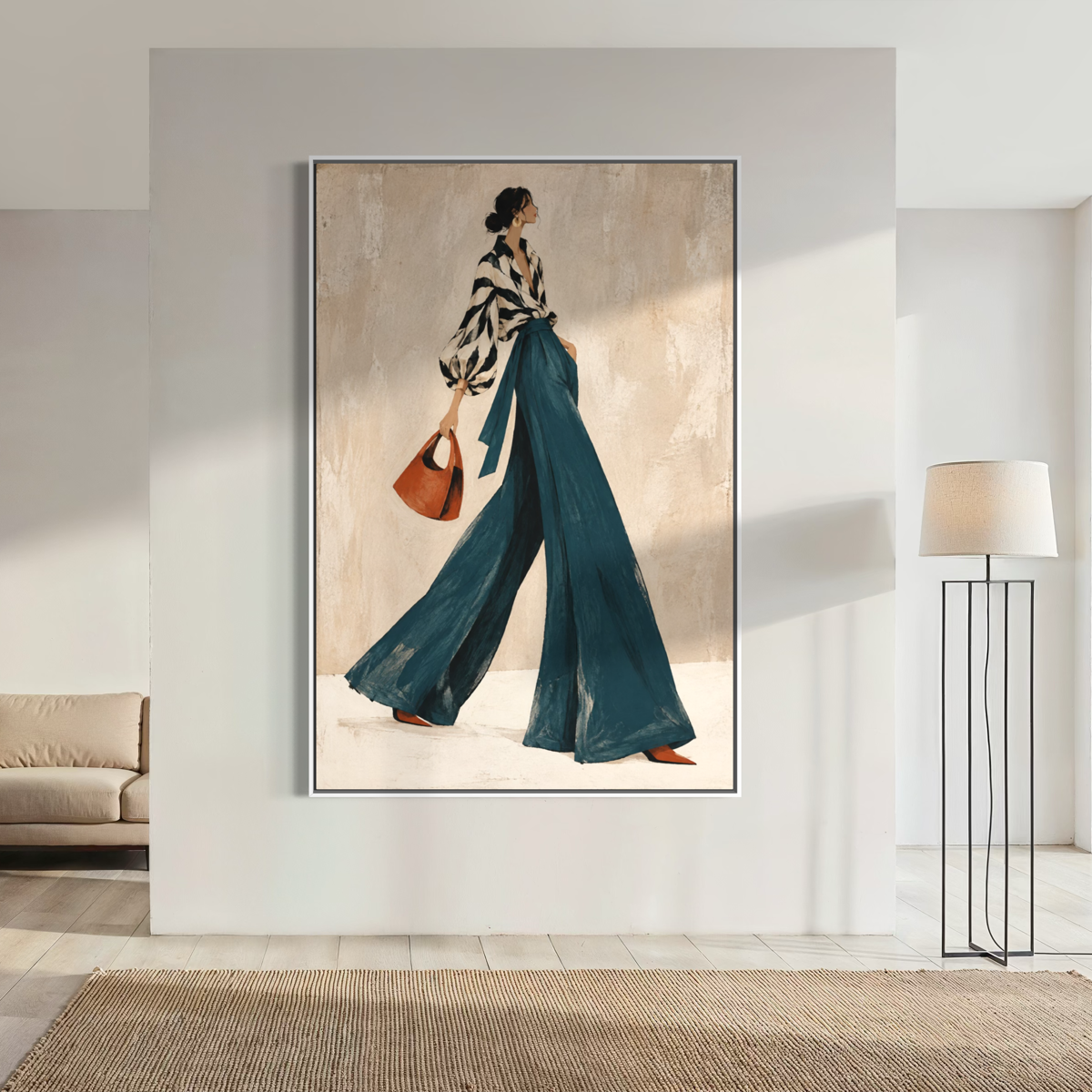 Noir-Chic Stride in Teal Palazzo Trousers - Hand Painting