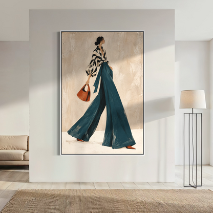 Noir-Chic Stride in Teal Palazzo Trousers - Hand Painting