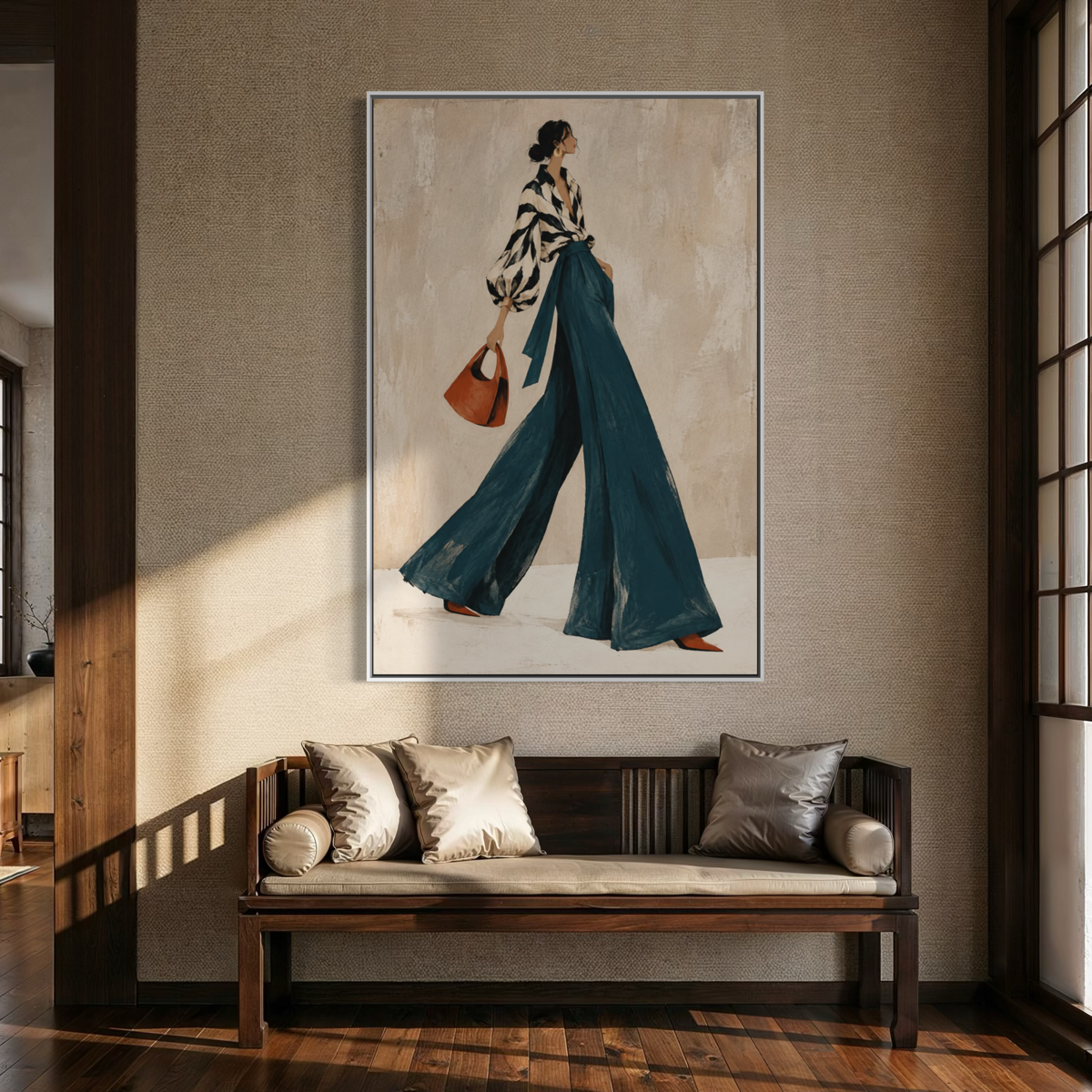 Noir-Chic Stride in Teal Palazzo Trousers - Hand Painting Vintage Collection