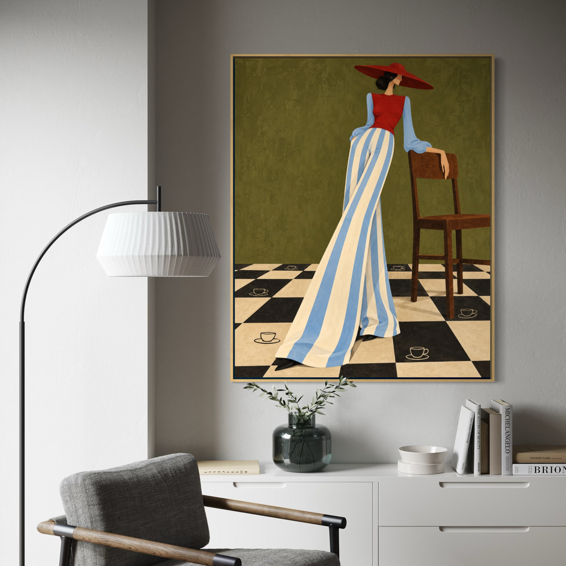 Elegant Figure in a Checkerboard Café - Hand Painting