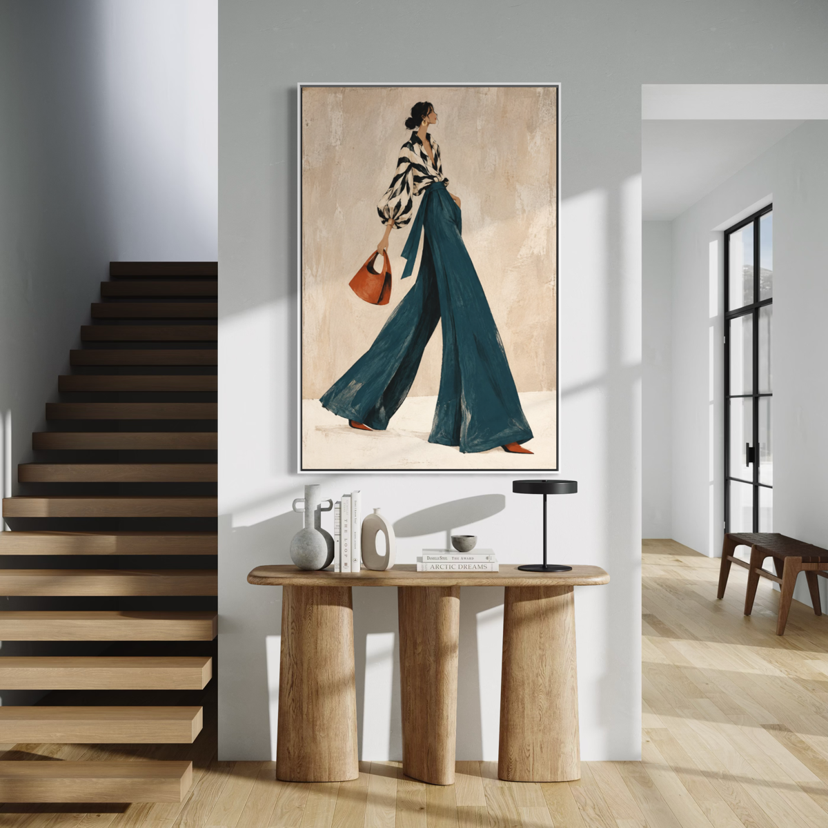 Noir-Chic Stride in Teal Palazzo Trousers - Hand Painting Vintage Collection