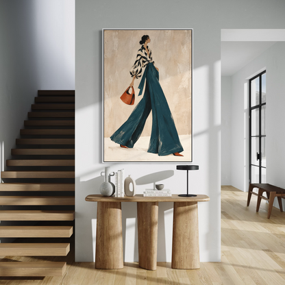 Noir-Chic Stride in Teal Palazzo Trousers - Hand Painting