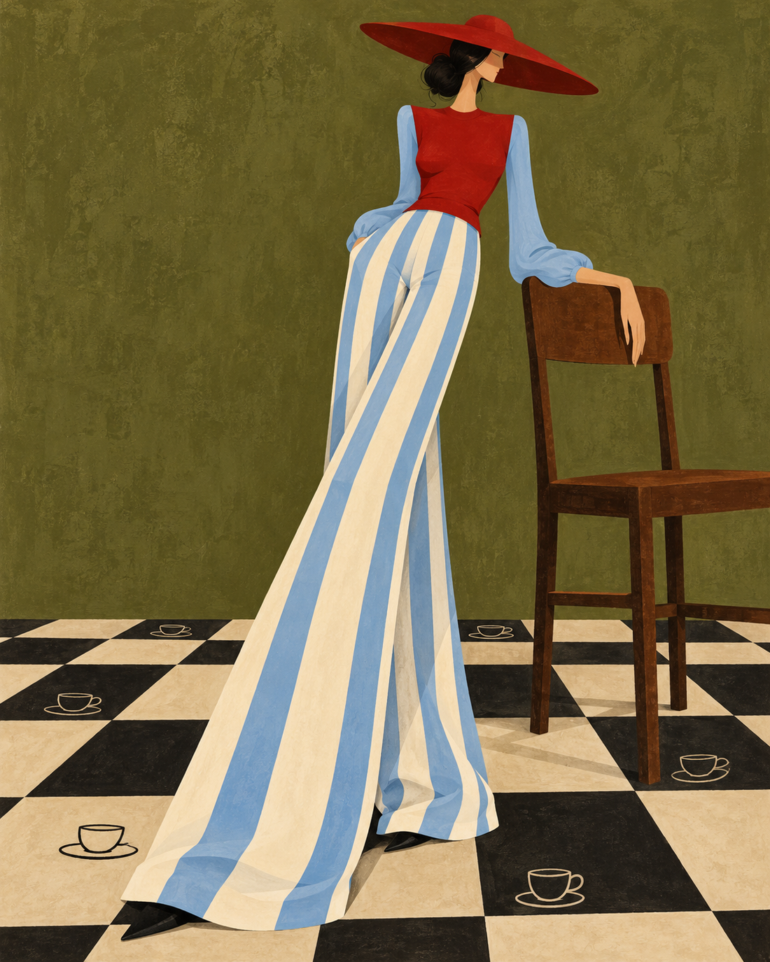 Elegant Figure in a Checkerboard Café - Hand Painting