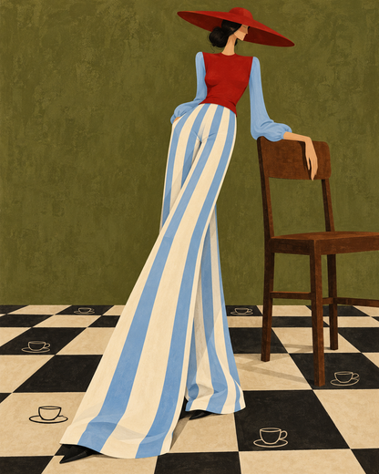 Elegant Figure in a Checkerboard Café - Hand Painting