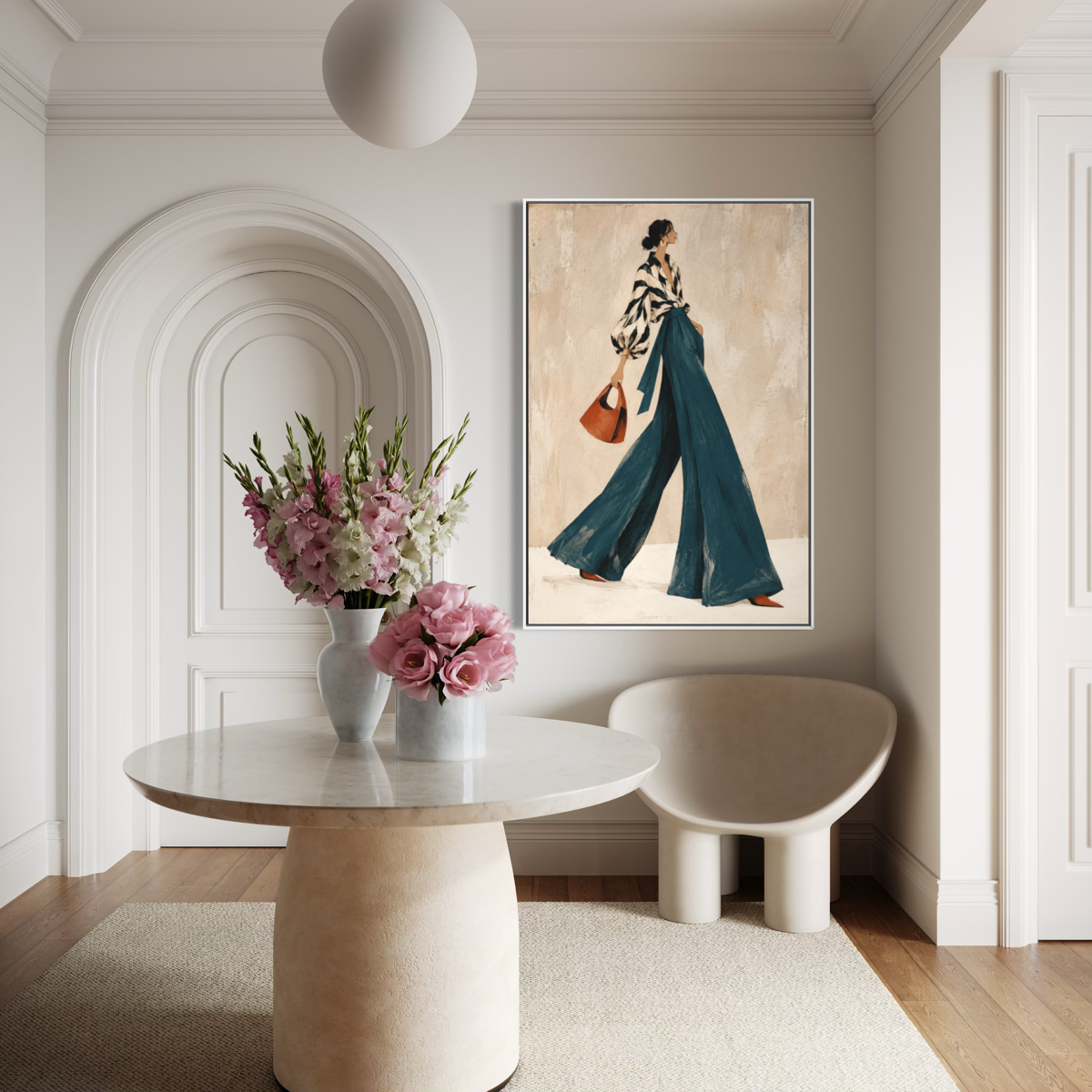 Noir-Chic Stride in Teal Palazzo Trousers - Hand Painting Vintage Collection