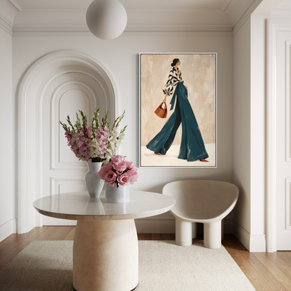 Noir-Chic Stride in Teal Palazzo Trousers - Hand Painting