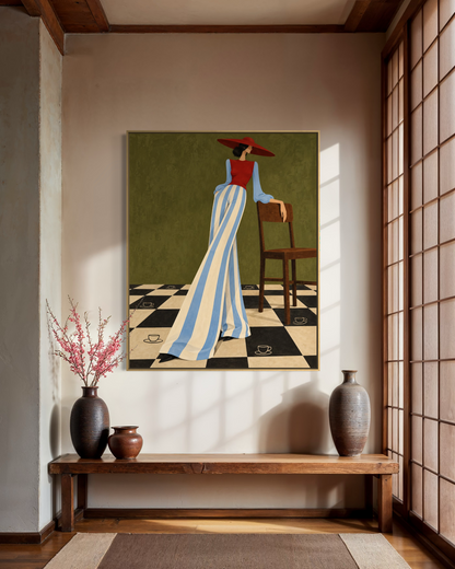 Elegant Figure in a Checkerboard Café - Hand Painting