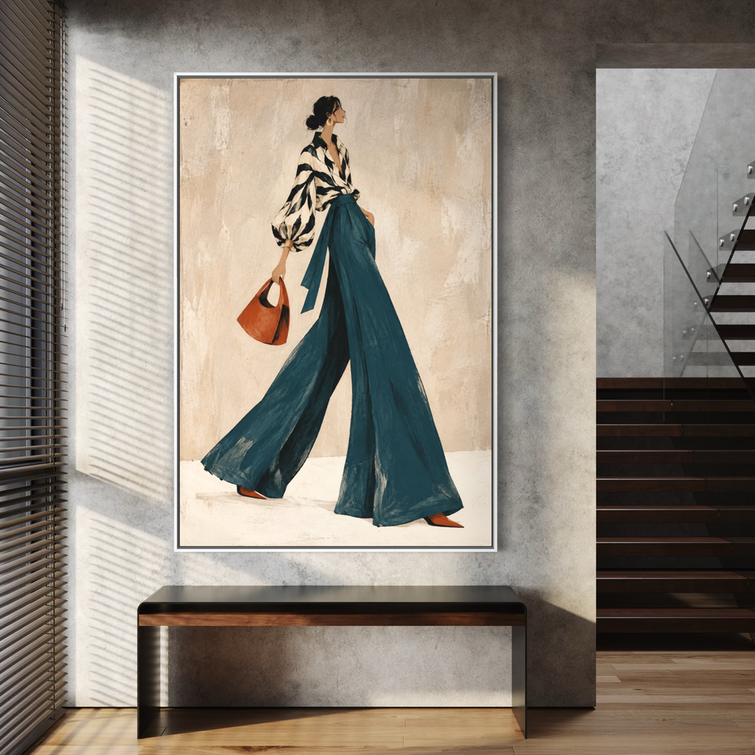Noir-Chic Stride in Teal Palazzo Trousers - Hand Painting