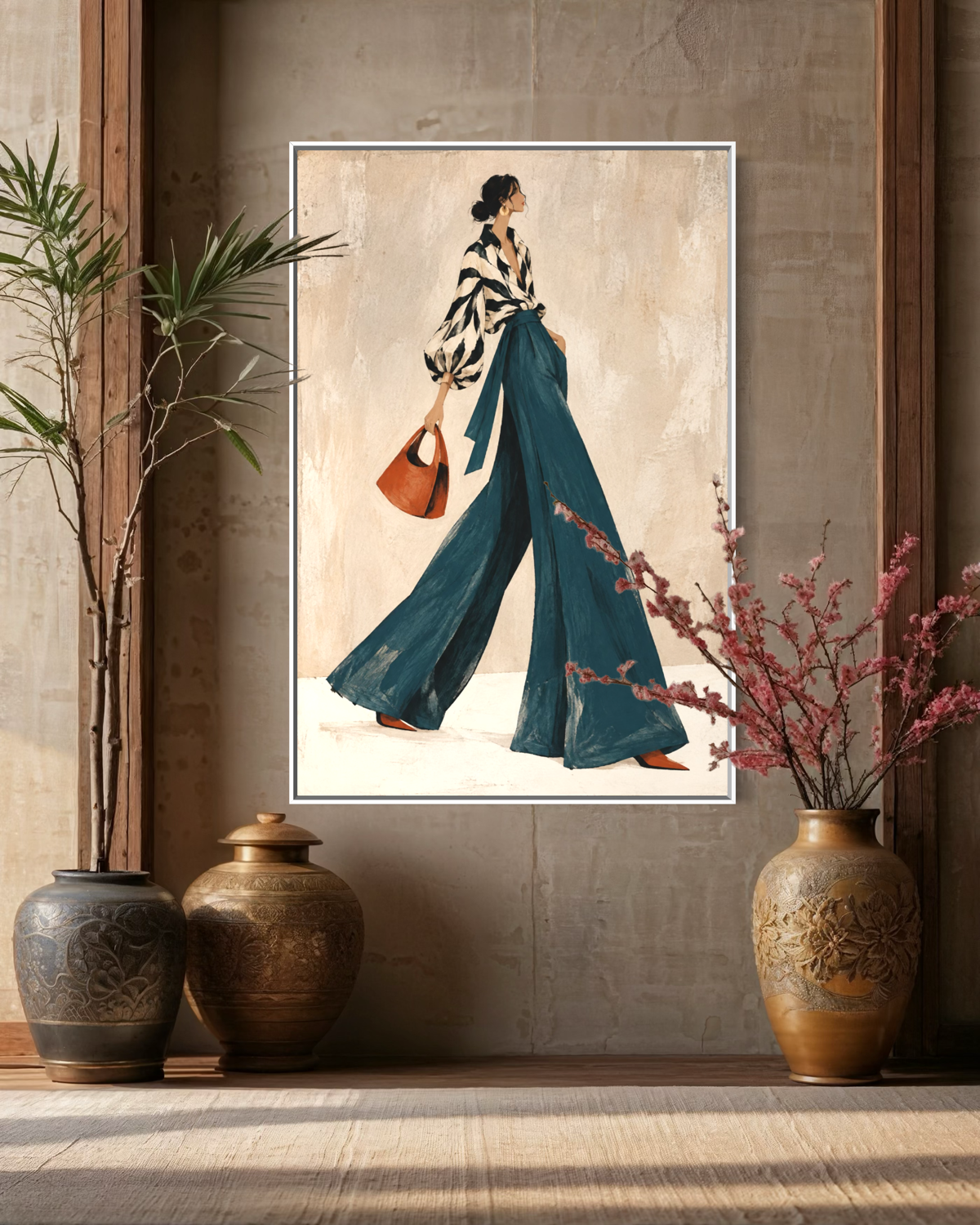 Noir-Chic Stride in Teal Palazzo Trousers - Hand Painting Vintage Collection