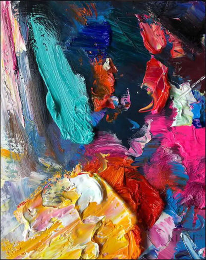 Vibrant abstract wall art with mixed colors and thick paint texture, hand-painted on museum quality canvas.