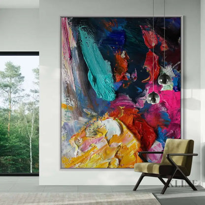Vibrant hand-painted wall art by Kline Collective, enhancing modern living spaces with bold colors and style.