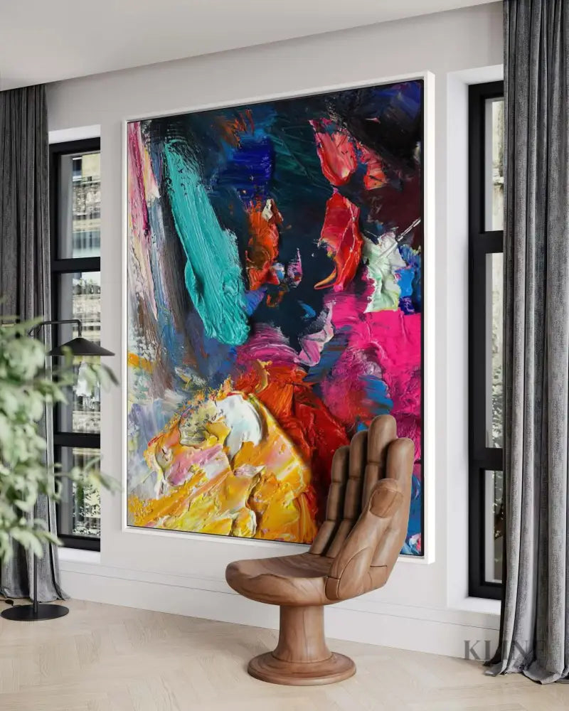 Vibrant hand-painted abstract wall art by Kline Collective® showcased in a modern home setting. Shop All