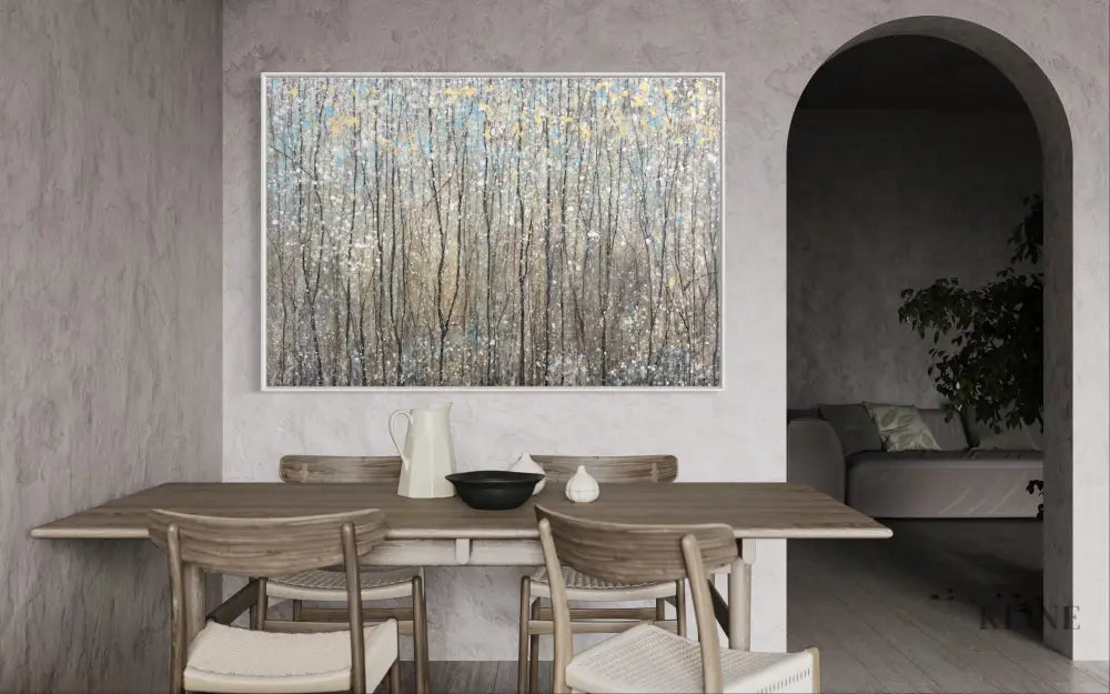 Euphony artwork in modern dining room, showcasing vibrant forest scene with abstract strokes and colors.