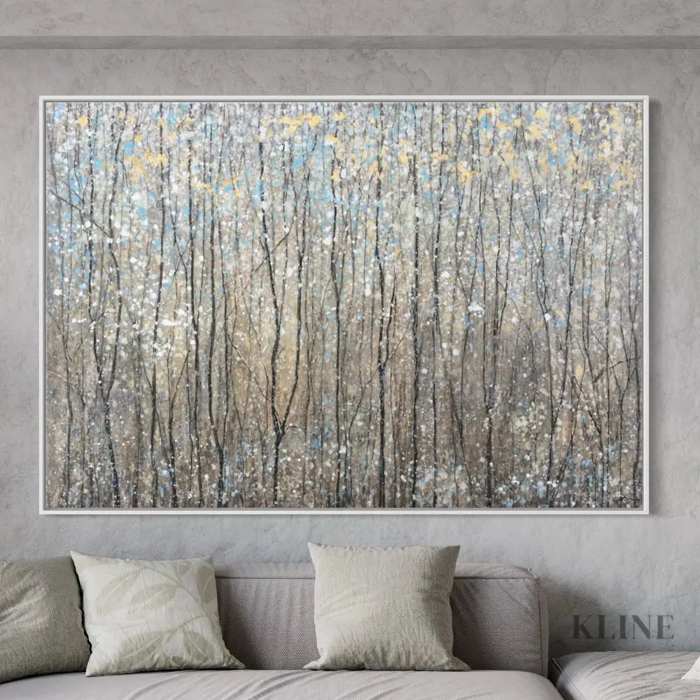 Abstract artwork depicting a forest in spring with vibrant colors and dynamic textures, enhancing any living space.