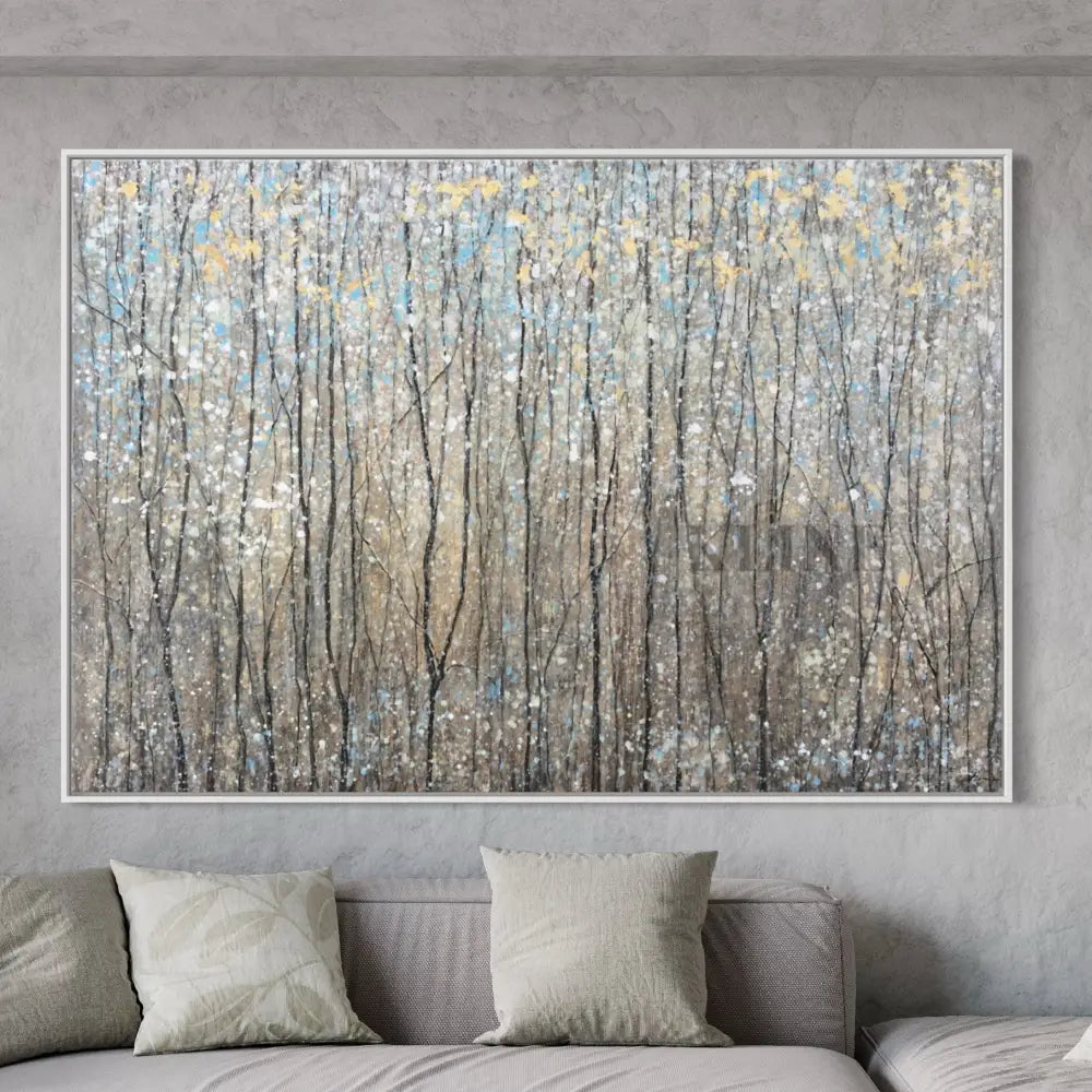 Abstract artwork depicting a forest in spring with vibrant colors and dynamic textures, enhancing any living space.