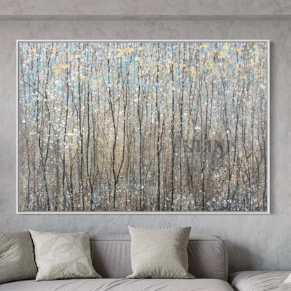 Abstract artwork depicting a forest in spring with vibrant colors and dynamic textures, enhancing any living space.