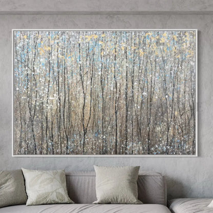 Abstract artwork depicting a forest in spring with vibrant colors and dynamic textures, enhancing any living space.