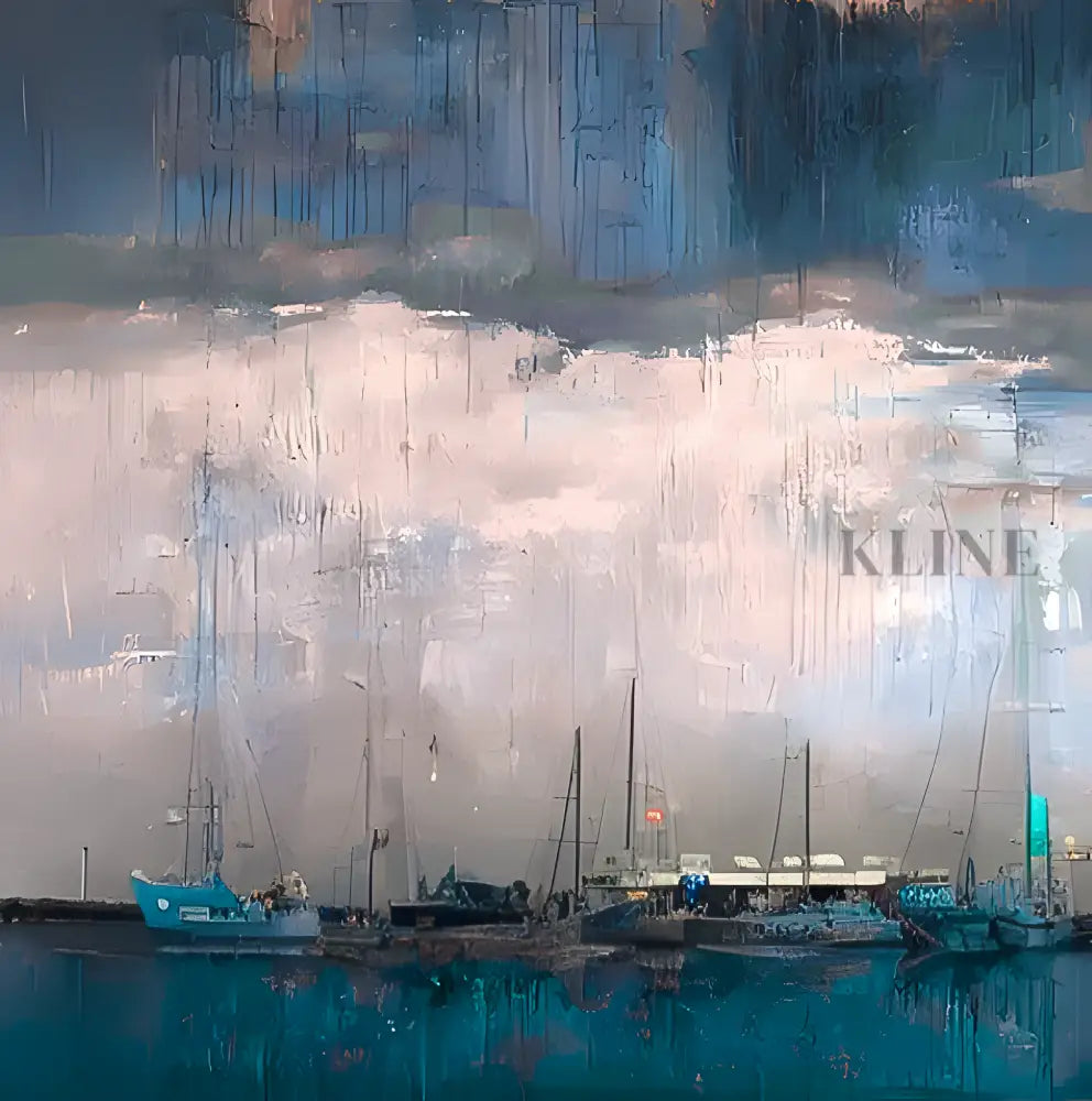 Hand-painted wall art featuring abstract boats under a cloudy sky, curated by Kline Collective. لوحات المناظر البحرية