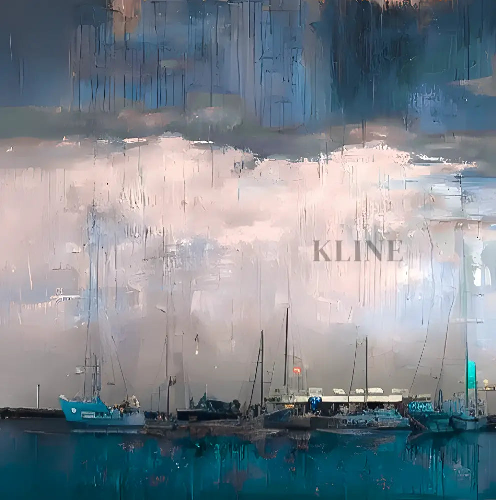 Hand-painted wall art featuring abstract boats under a cloudy sky, curated by Kline Collective. Large Wall Art