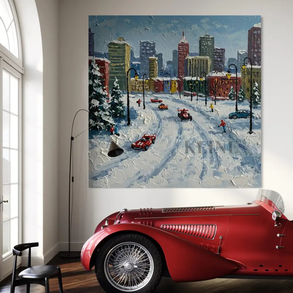 Frost-Kissed Metropolis - Hand Painting Winterliche Wandkunst