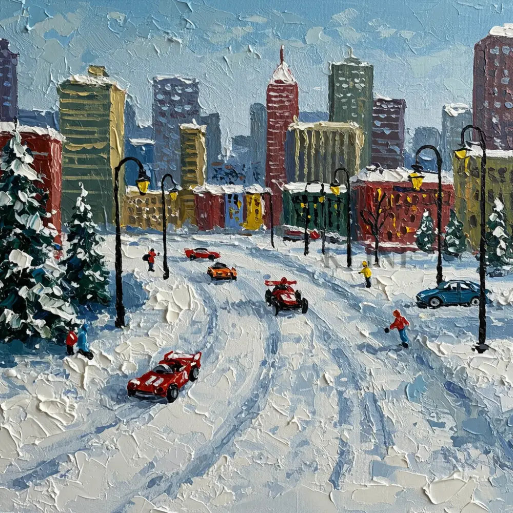 Frost-Kissed Metropolis - Hand Painting Winterliche Wandkunst