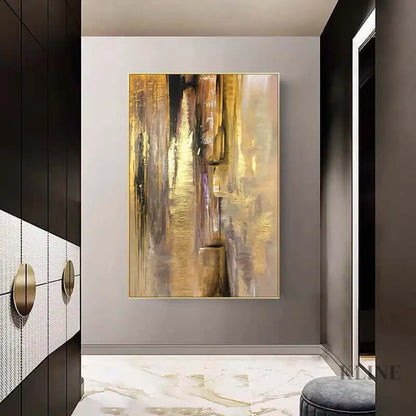 Golden Cascade custom art piece, hand-painted in non-toxic acrylic, perfect for modern home decor.