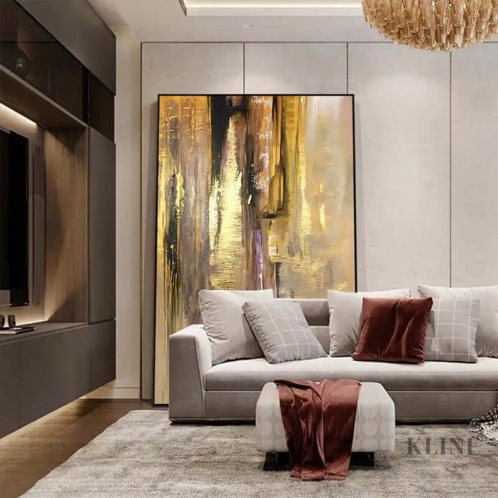 Golden Cascade custom wall art by Kline Collective, hand-painted, framed, ready to hang, enhancing modern living spaces.