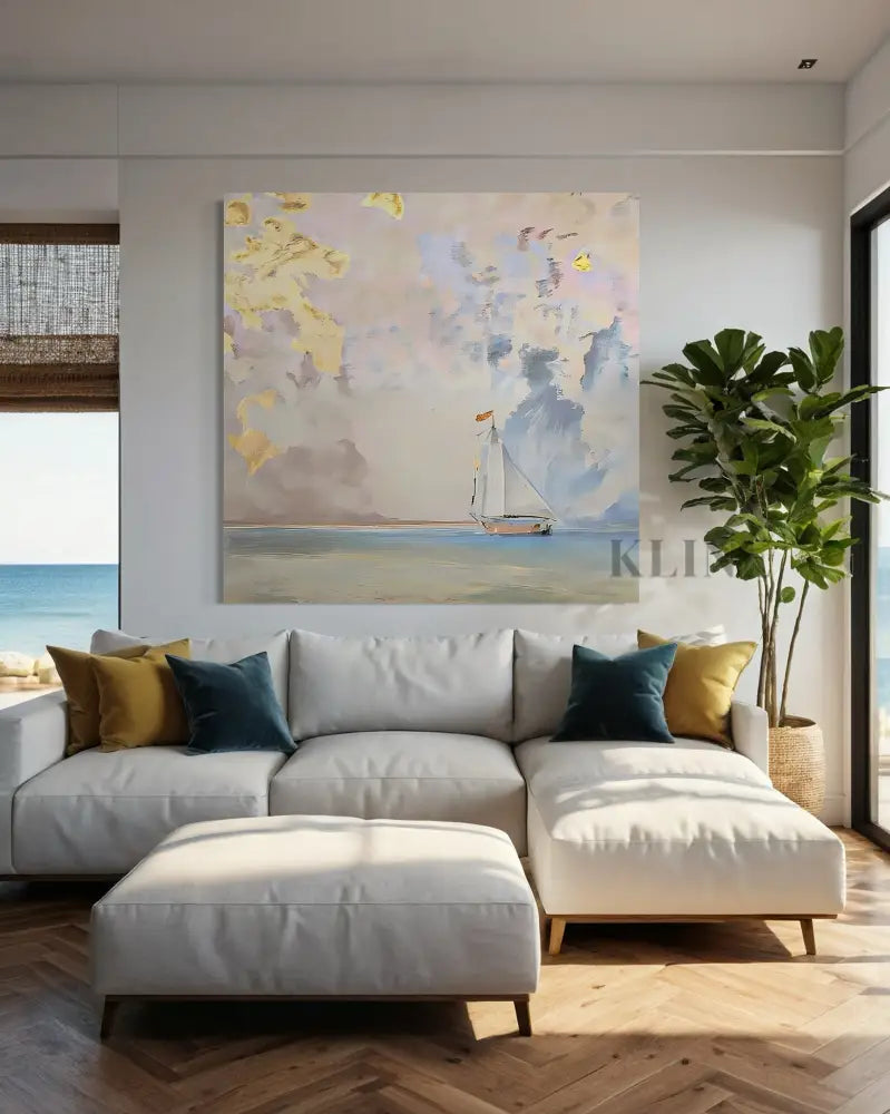 Golden Dawn on the Sea wall art by Kline Collective, enhancing a cozy living space with coastal elegance. Large Wall Art