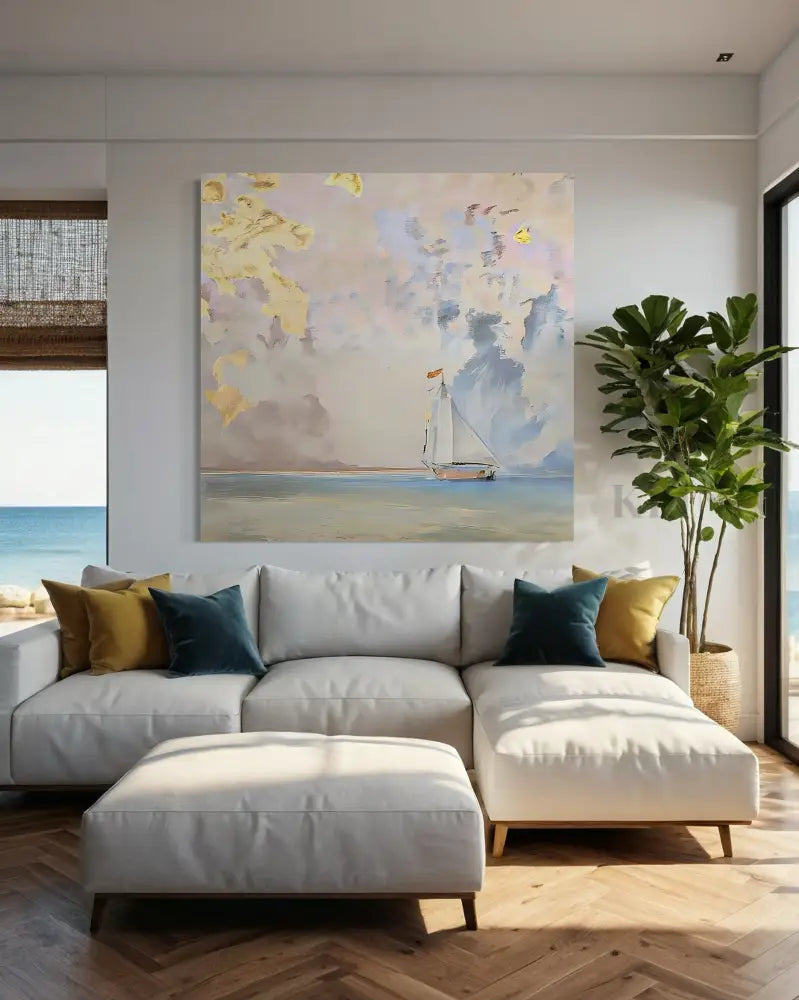Golden Dawn on the Sea wall art by Kline Collective, enhancing a cozy living space with coastal elegance. Arte de pared azul