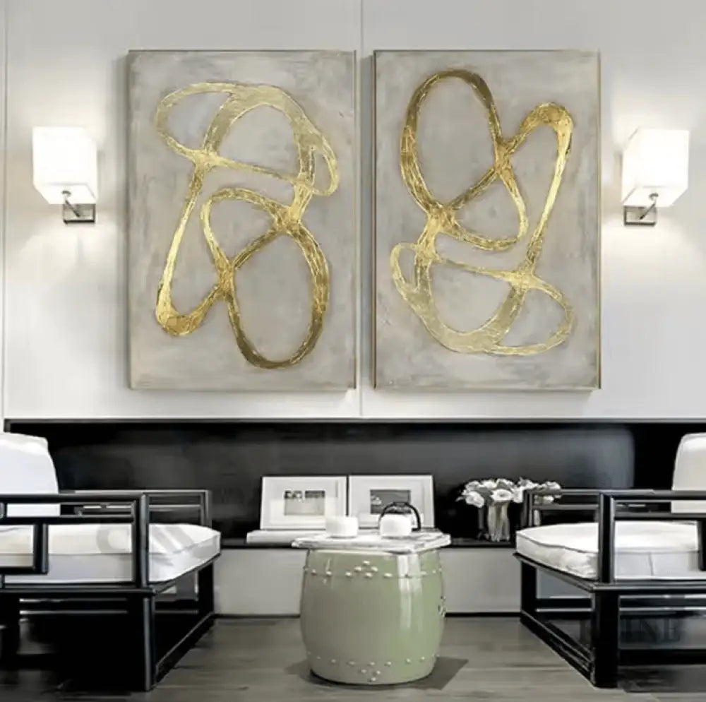 Golden Diptych - Hand Painting キャンバスウォールアートセット